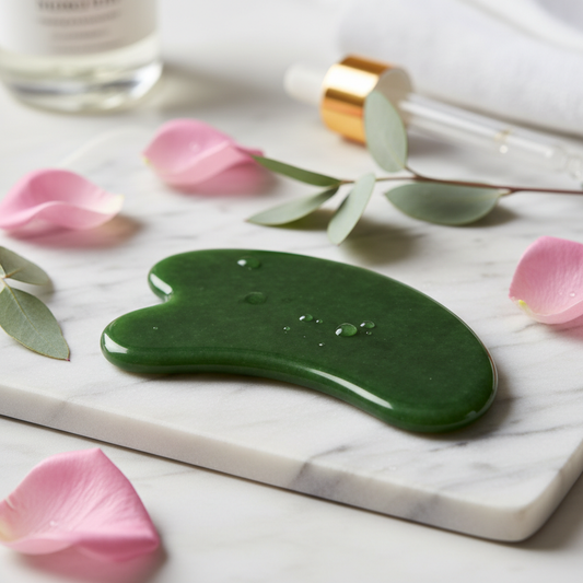 MayerGlow jade gua sha facial massage tool on marble surface with rose petals