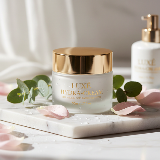 MayerGlow Hyaluronic Acid Glow Moisturizer jar on marble surface with rose petals