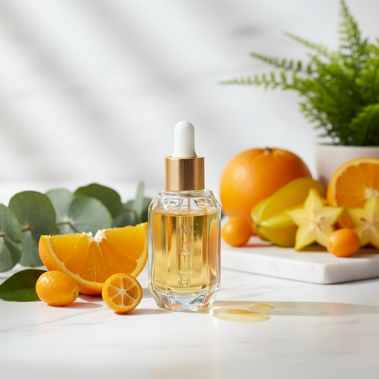 MayerGlow Vitamin C Brightening Serum on marble surface with orange slices