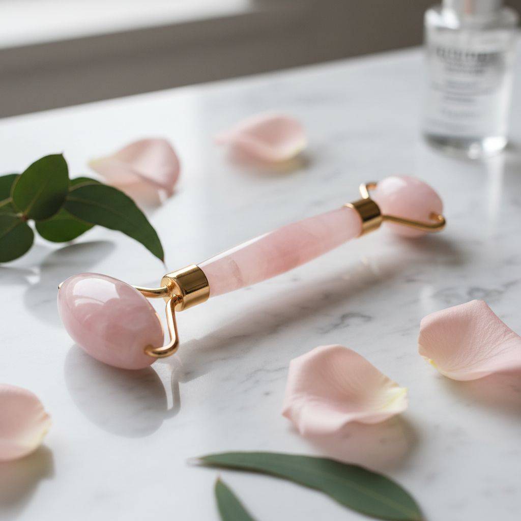 MayerGlow rose quartz double-ended face roller on marble surface with rose petals